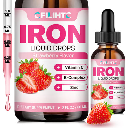 Liquid Iron Supplement for Women Men & Kids Multivitamin Iron Drops with Folate Vitamin C B6 B12 Zinc for Anemia Iron Deficiency Blood Builder Energy - Natural Strawberry Flavor Vegan 2 Fl Oz Healthy Drops